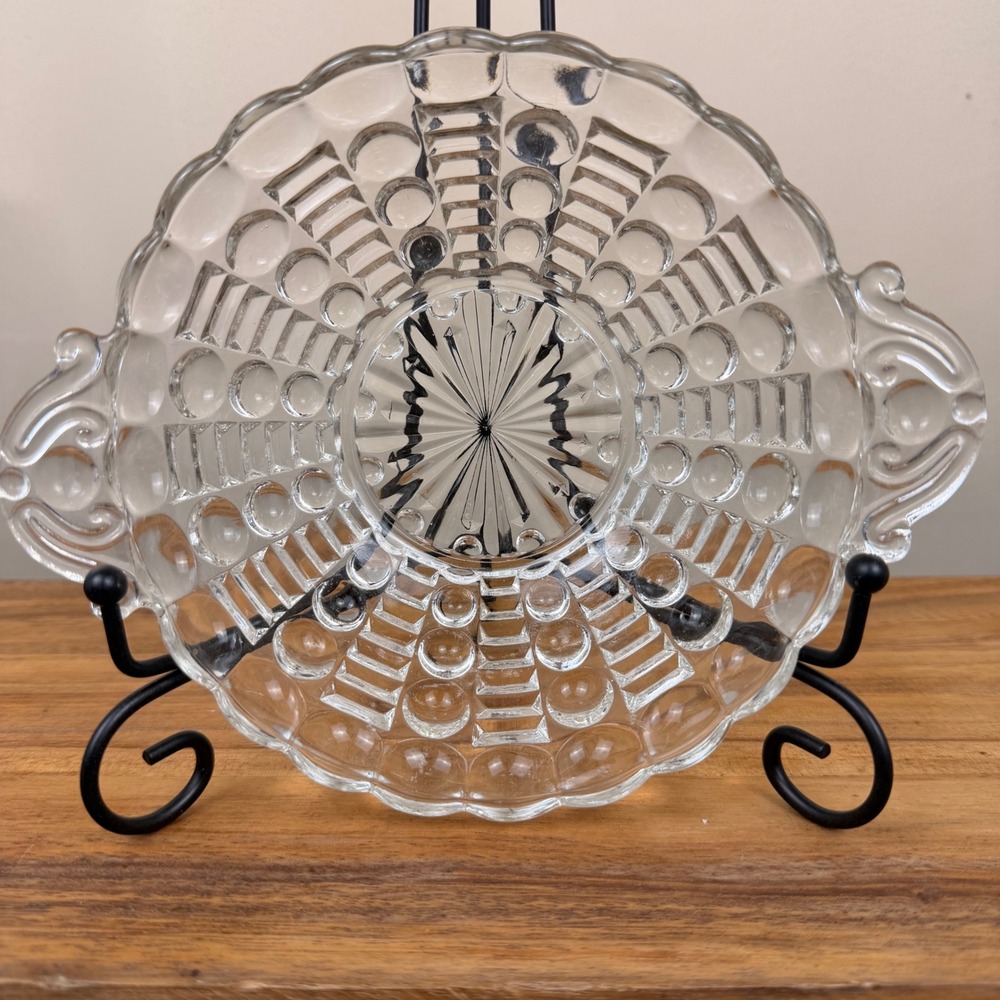 Anchor Hocking Bubble Ladder Clear Glass Serving Bowl Scrolled Handles Vintage